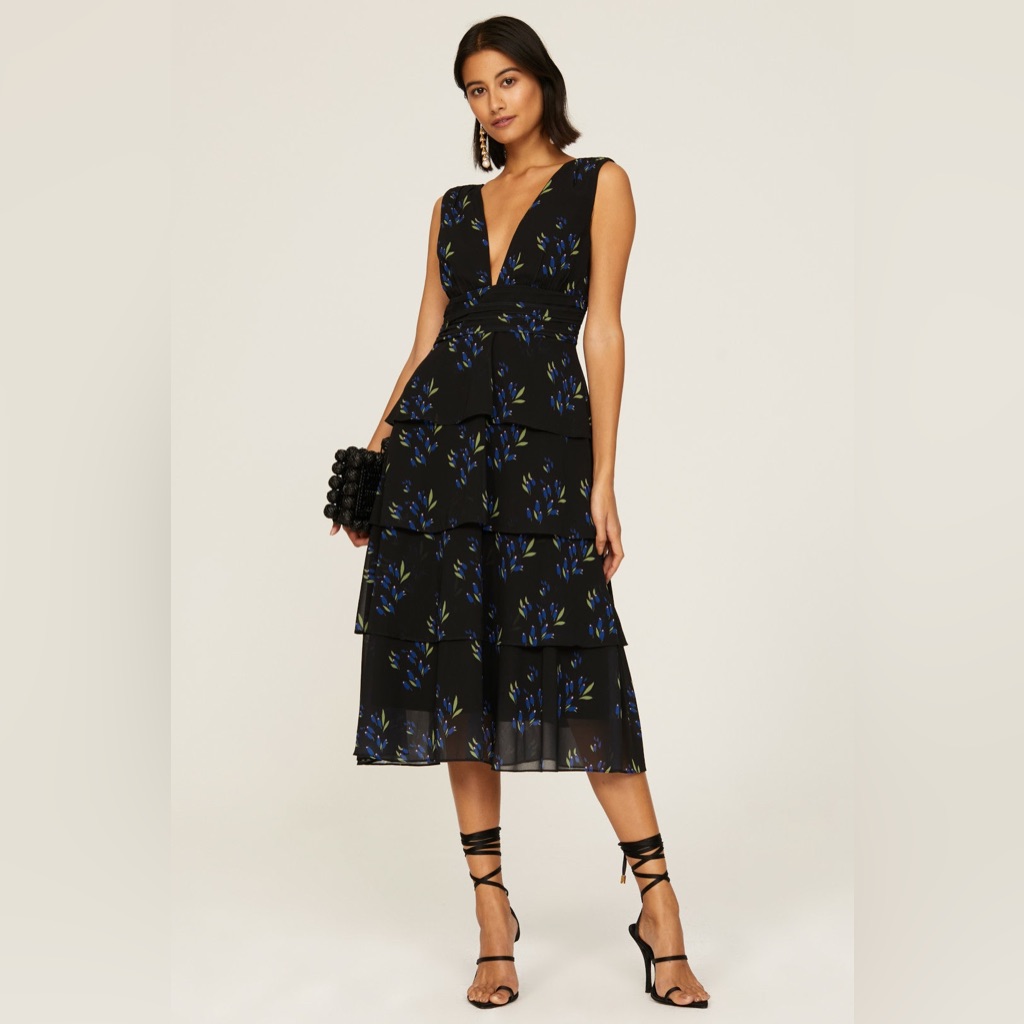 Amur Fionna Tiered Ruffle Sleeveless Midi Dress Black Floral Women's Size 6